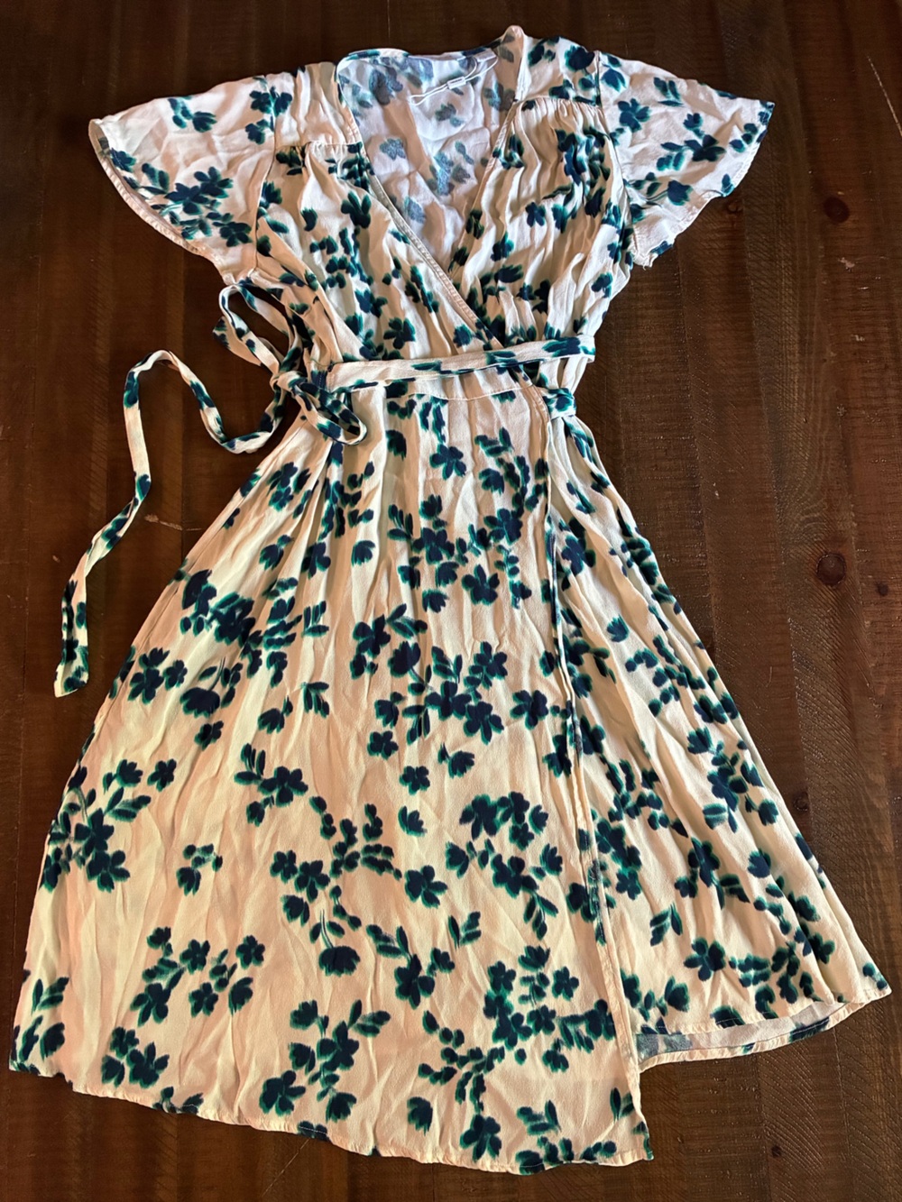 Maternity Floral Wrap Tie Midi Dress in Cream and Teal